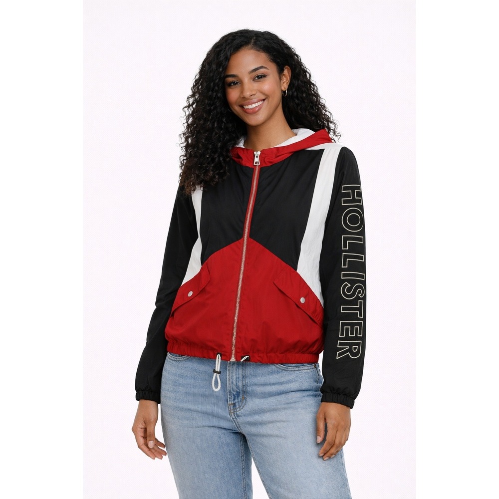 Hollister Women's Colorblock Windbreaker Jacket Red‎ Black White Size XS